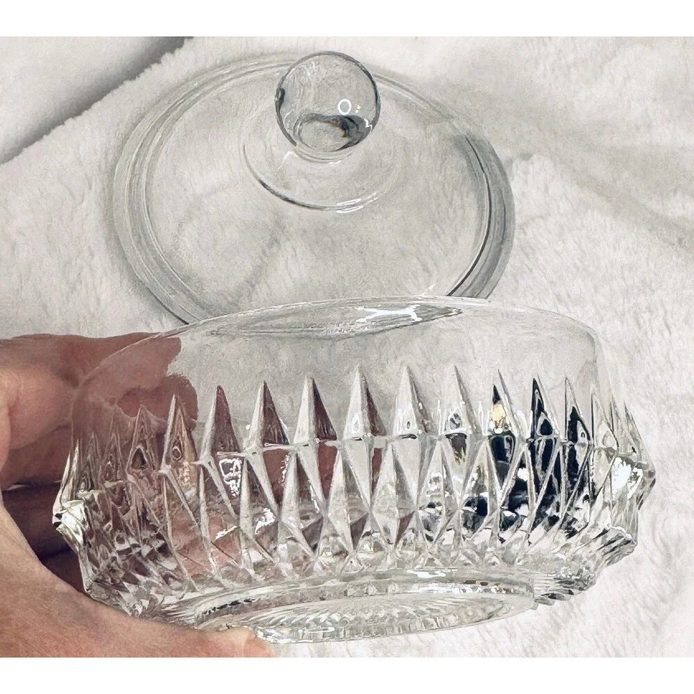 Vintage Cut Glass Covered Candy Dish Bowl Diamond Pattern 4” w Lid